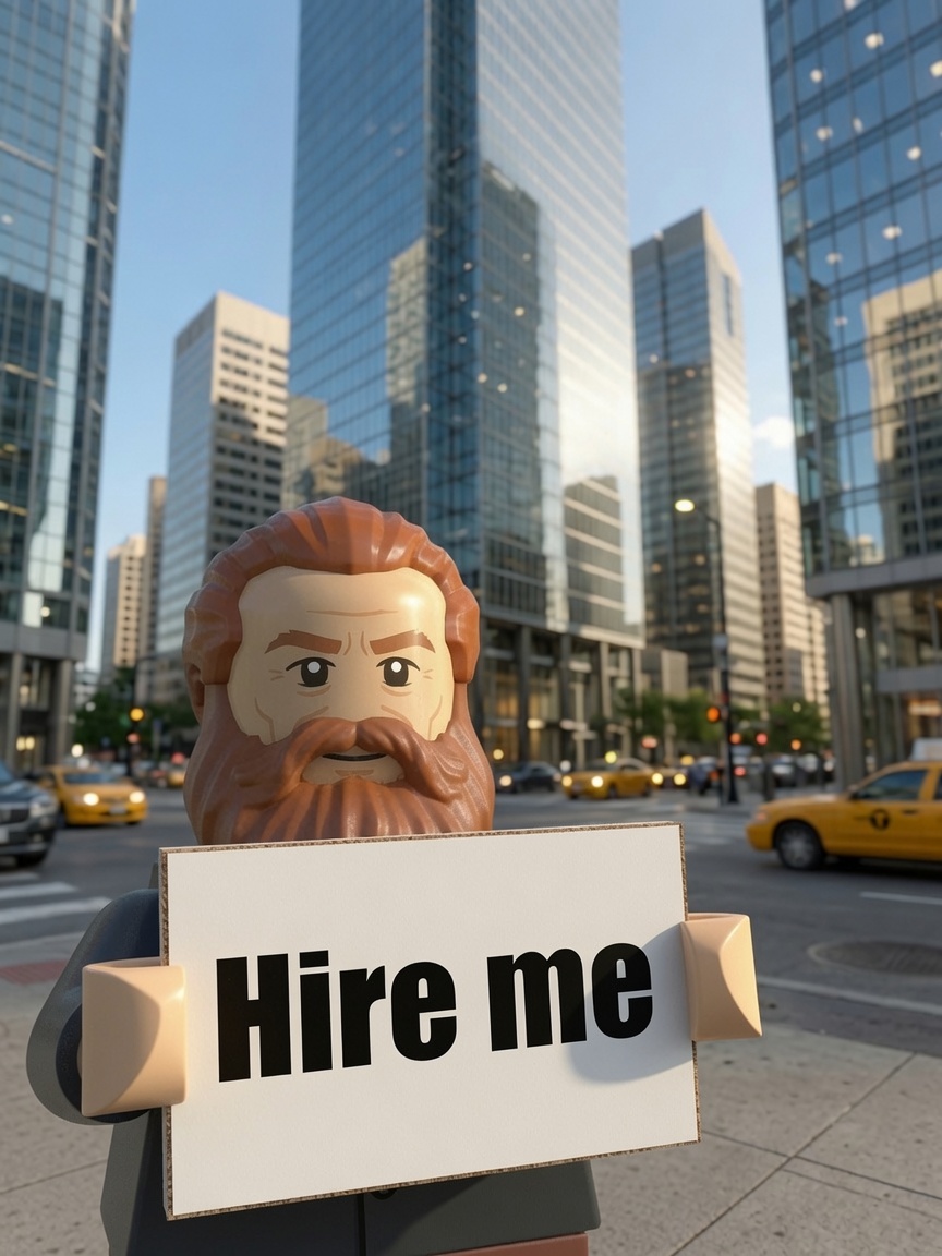 A plastic toy-brick minifigure portrait of Kris Bennett, bearded and in a grey suit on a city street