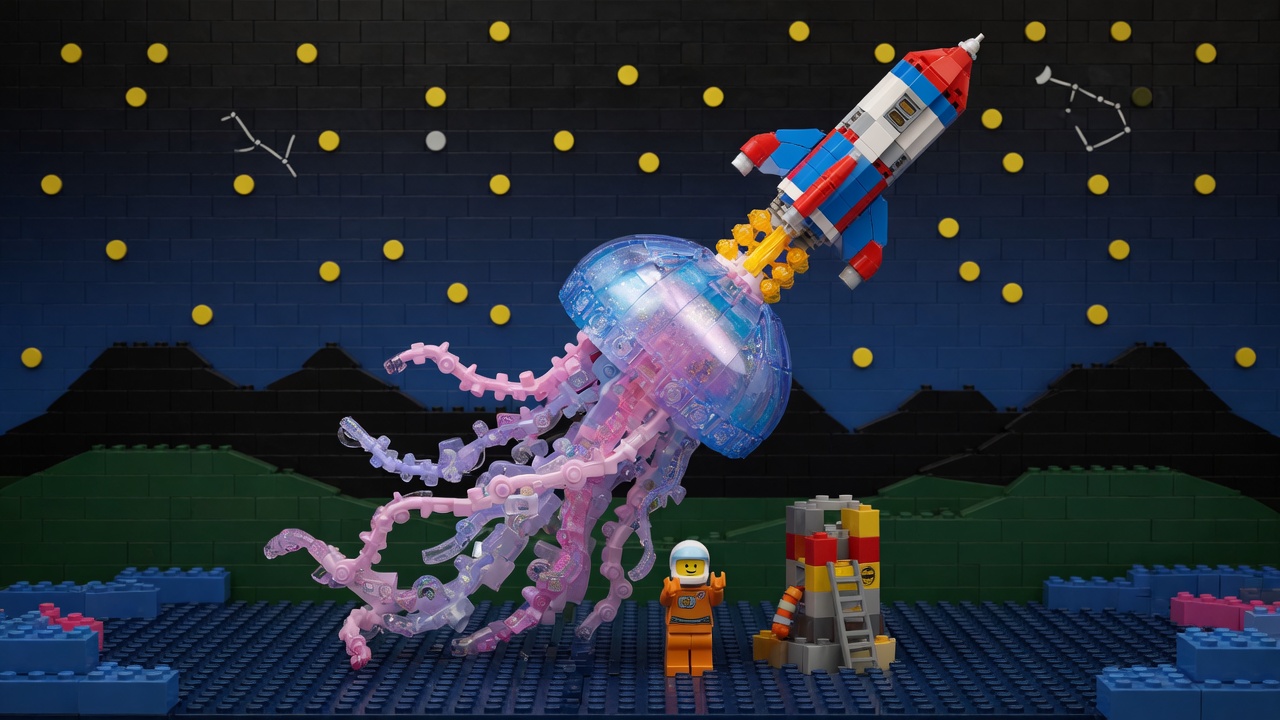 Night sky lights up as rocket exhaust blooms into a glowing jellyfish shape